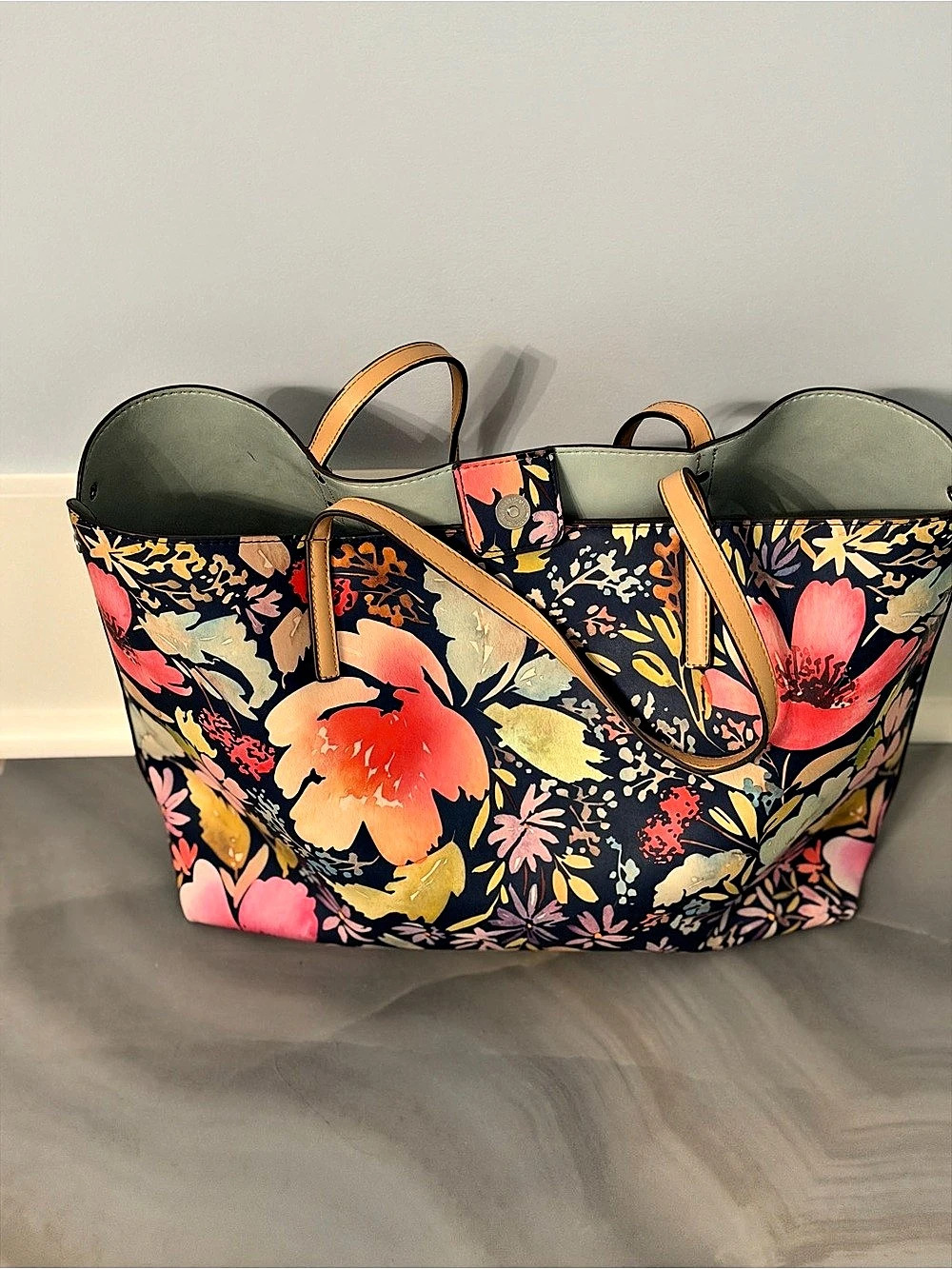 Navy Multicolor Floral Tote Bag Tan Handles Large Shoulder Purse